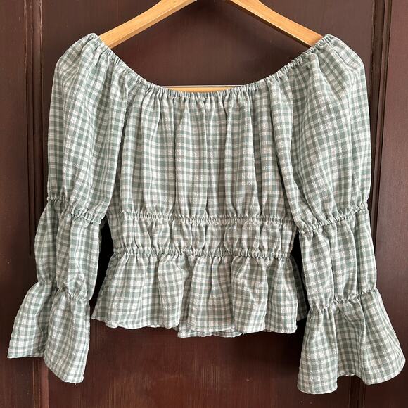 WAYF | Green Gingham Off Shoulder Peasant Shirt - Light Sage | Size Medium - Picture 4 of 4